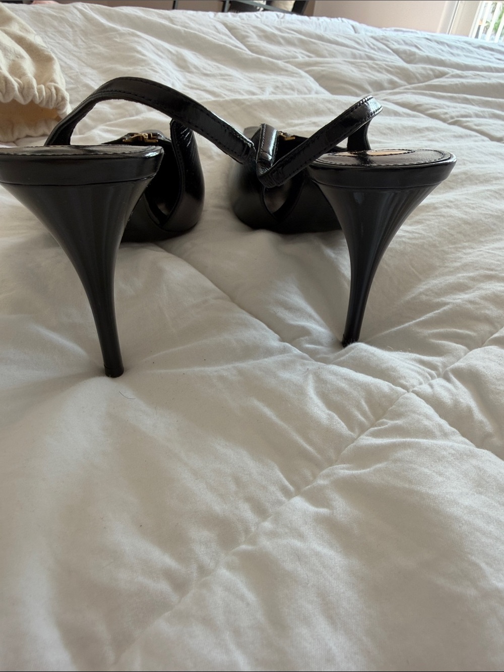 Saint Laurent Black Leather Pointed Slingback Pumps with Gold YSL Charm - Picture 4 of 7